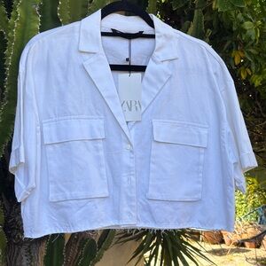 Zara White Cropped Button-Front Utility Top